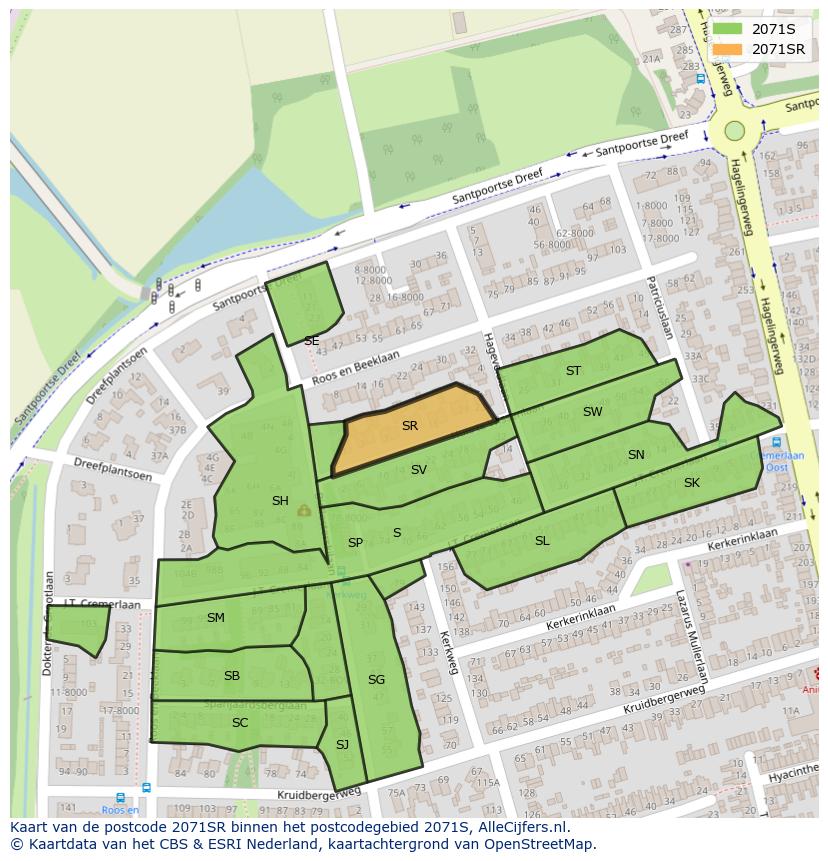 Afbeelding van het postcodegebied 2071 SR op de kaart.