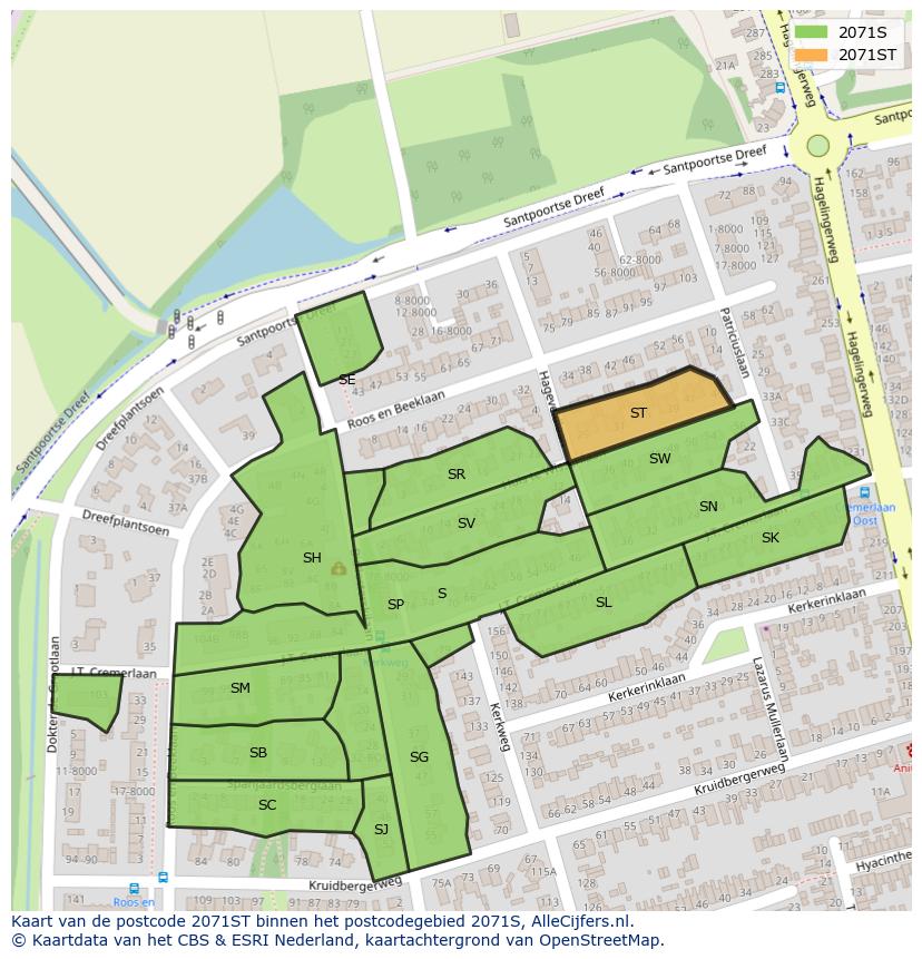 Afbeelding van het postcodegebied 2071 ST op de kaart.