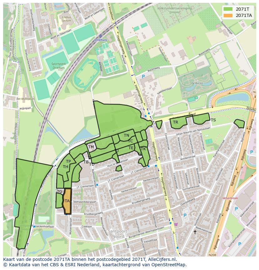 Afbeelding van het postcodegebied 2071 TA op de kaart.