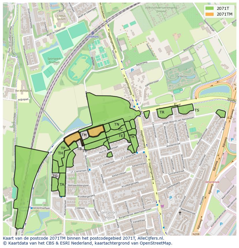 Afbeelding van het postcodegebied 2071 TM op de kaart.