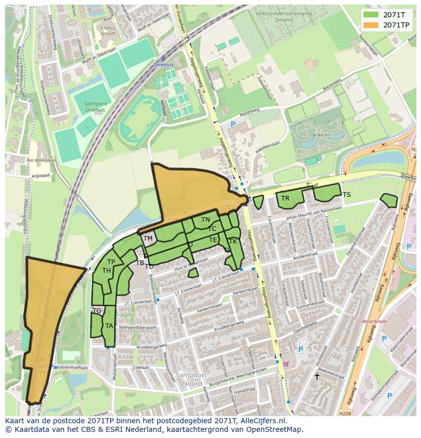 Afbeelding van het postcodegebied 2071 TP op de kaart.