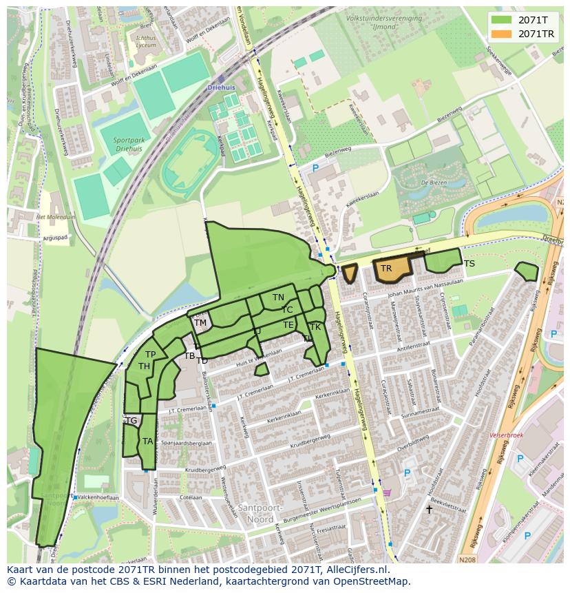 Afbeelding van het postcodegebied 2071 TR op de kaart.
