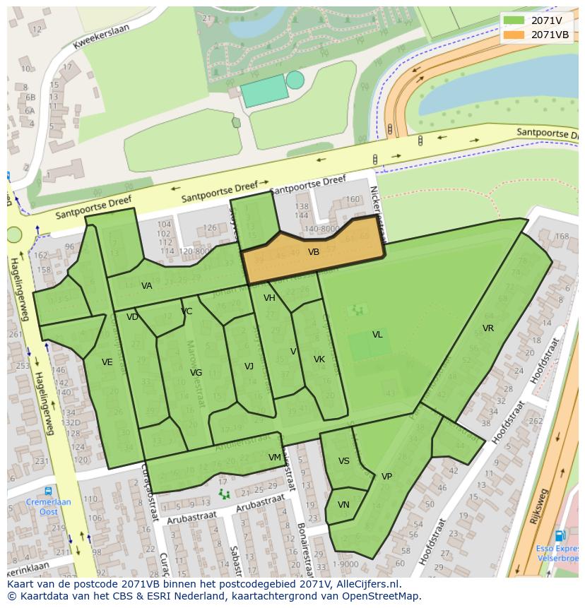 Afbeelding van het postcodegebied 2071 VB op de kaart.