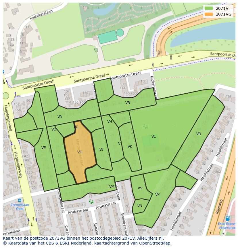 Afbeelding van het postcodegebied 2071 VG op de kaart.
