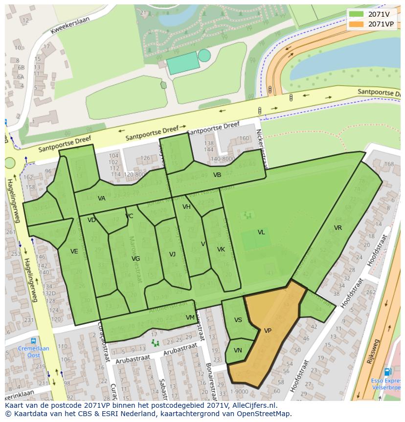 Afbeelding van het postcodegebied 2071 VP op de kaart.