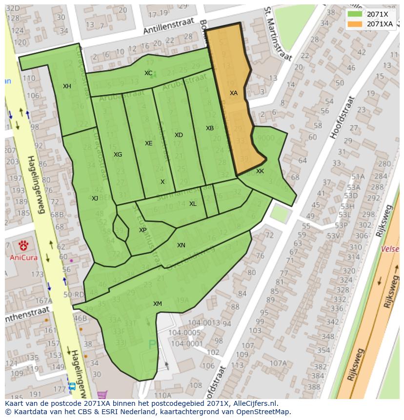Afbeelding van het postcodegebied 2071 XA op de kaart.