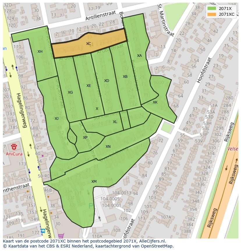 Afbeelding van het postcodegebied 2071 XC op de kaart.