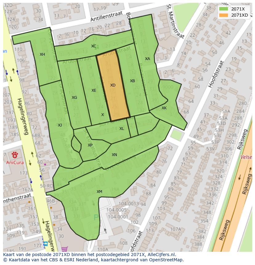 Afbeelding van het postcodegebied 2071 XD op de kaart.