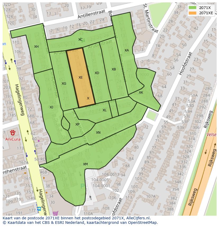 Afbeelding van het postcodegebied 2071 XE op de kaart.