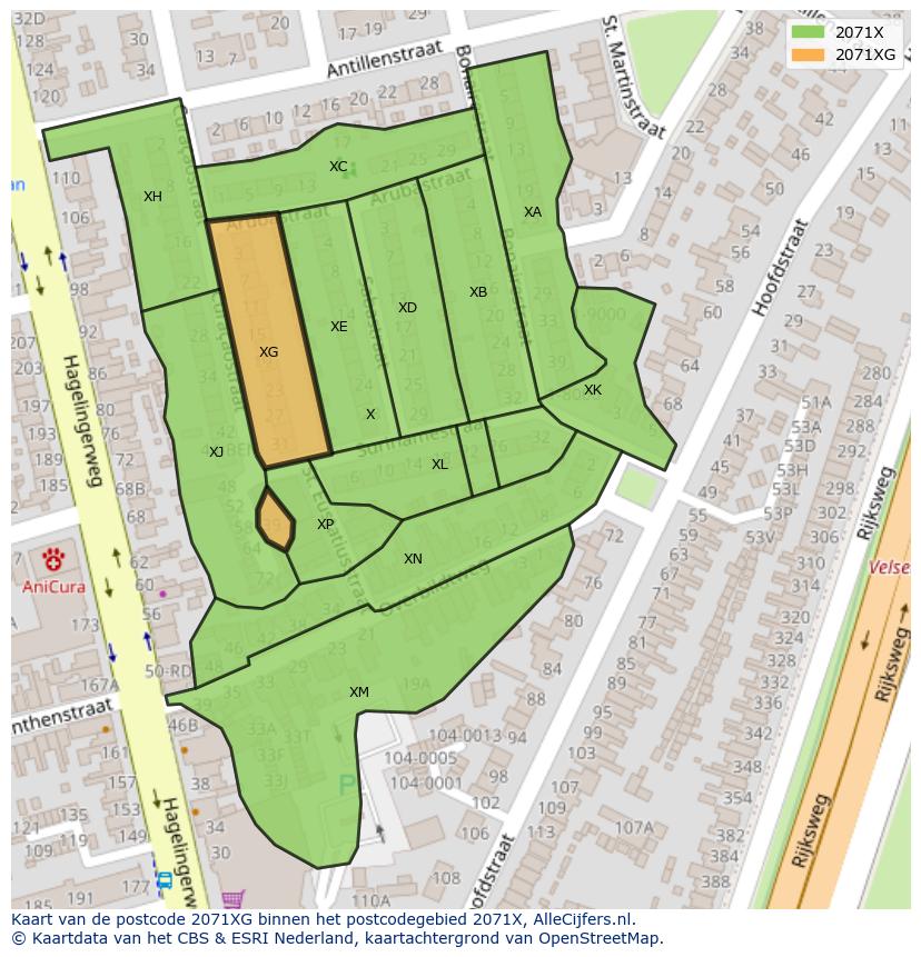 Afbeelding van het postcodegebied 2071 XG op de kaart.