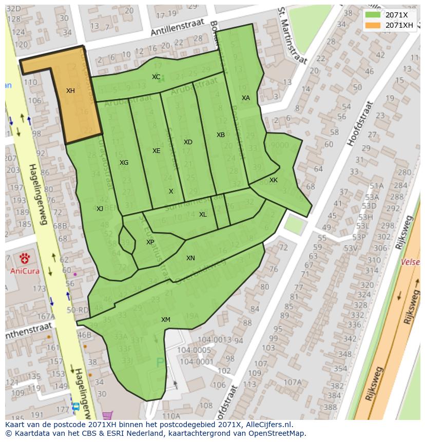 Afbeelding van het postcodegebied 2071 XH op de kaart.
