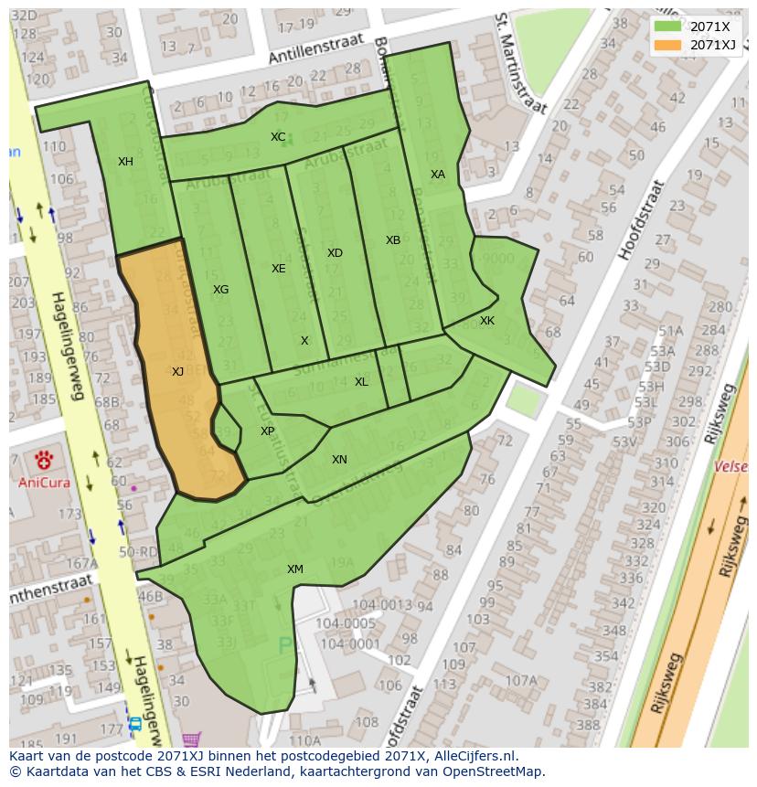 Afbeelding van het postcodegebied 2071 XJ op de kaart.