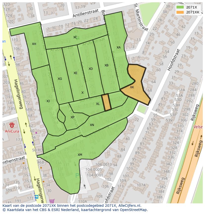 Afbeelding van het postcodegebied 2071 XK op de kaart.