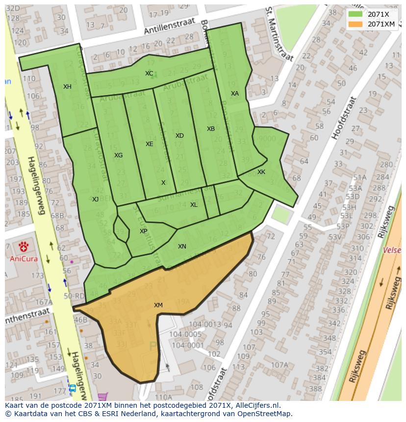 Afbeelding van het postcodegebied 2071 XM op de kaart.