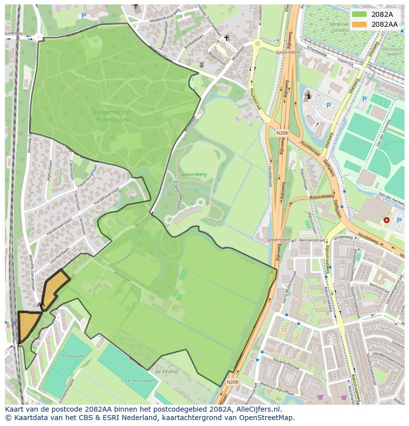 Afbeelding van het postcodegebied 2082 AA op de kaart.