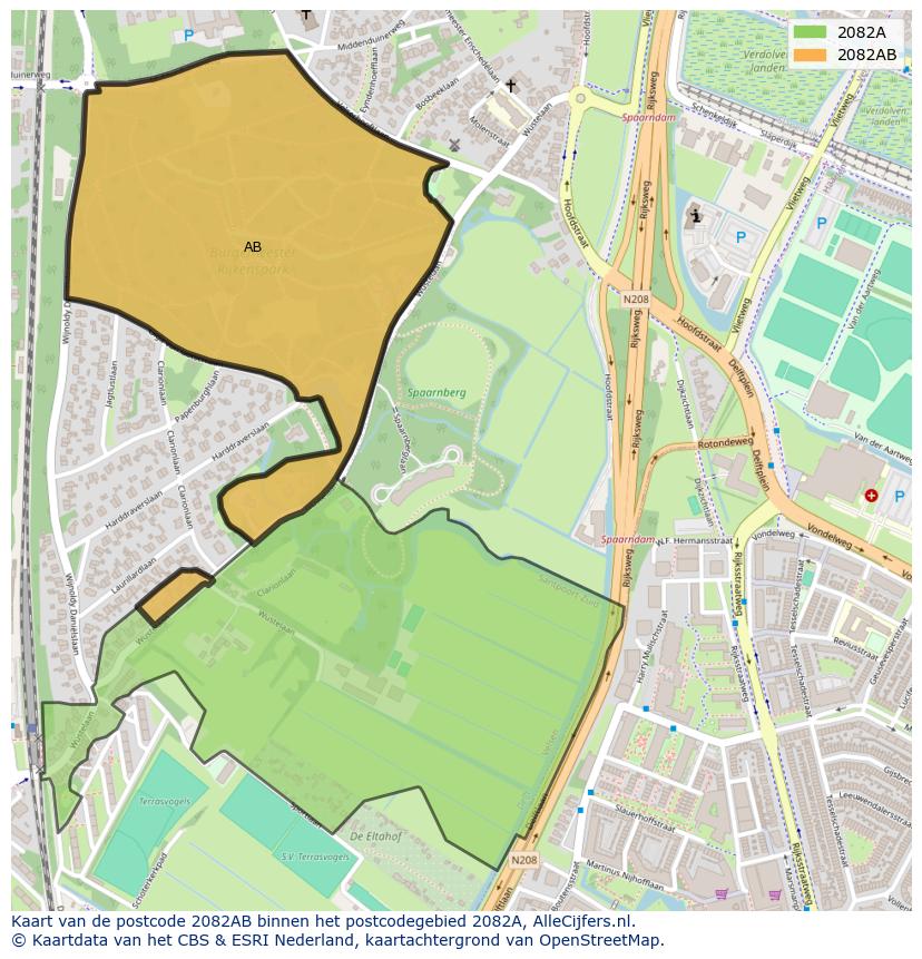 Afbeelding van het postcodegebied 2082 AB op de kaart.