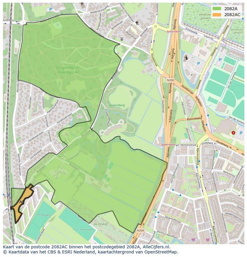 Afbeelding van het postcodegebied 2082 AC op de kaart.
