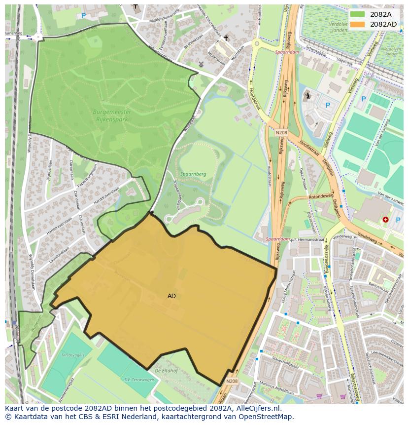 Afbeelding van het postcodegebied 2082 AD op de kaart.