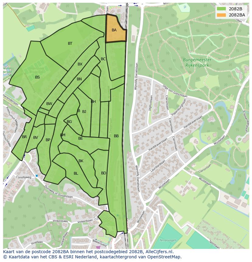 Afbeelding van het postcodegebied 2082 BA op de kaart.