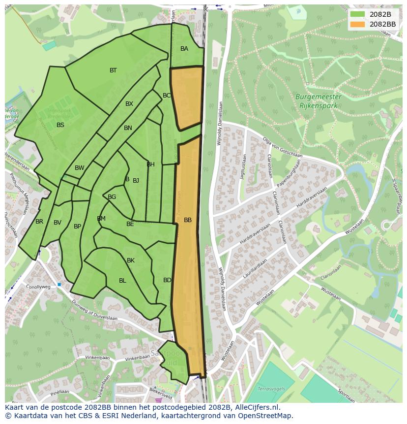 Afbeelding van het postcodegebied 2082 BB op de kaart.