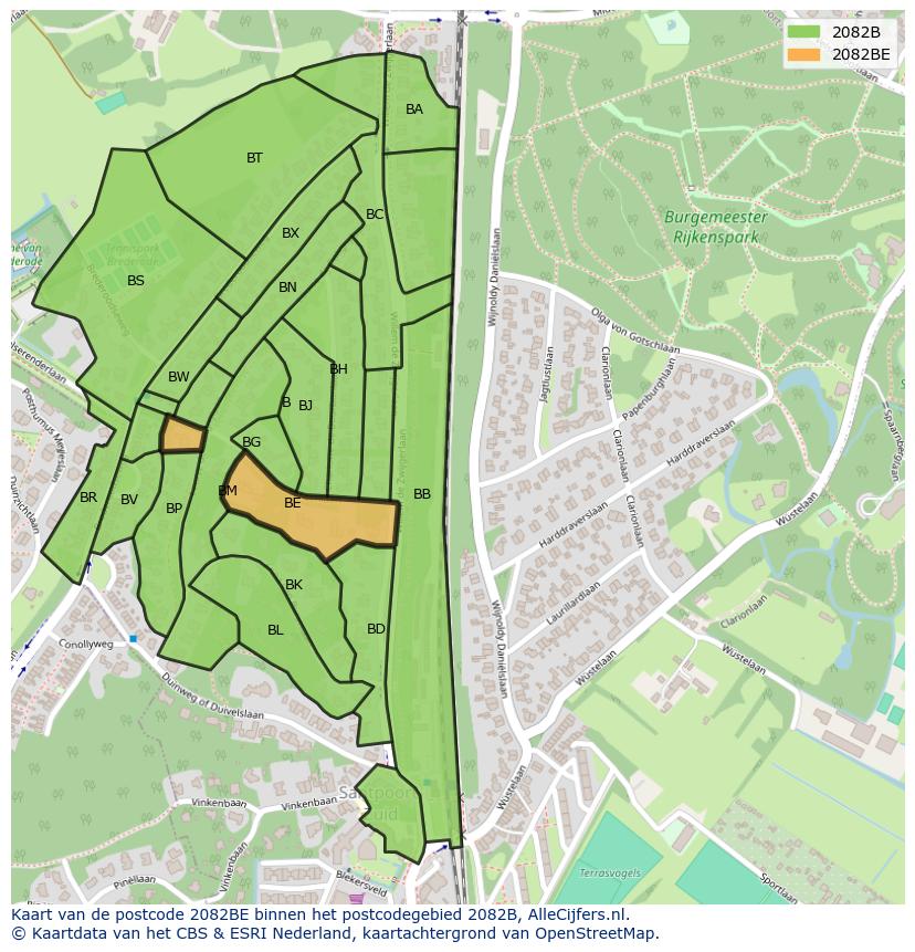 Afbeelding van het postcodegebied 2082 BE op de kaart.