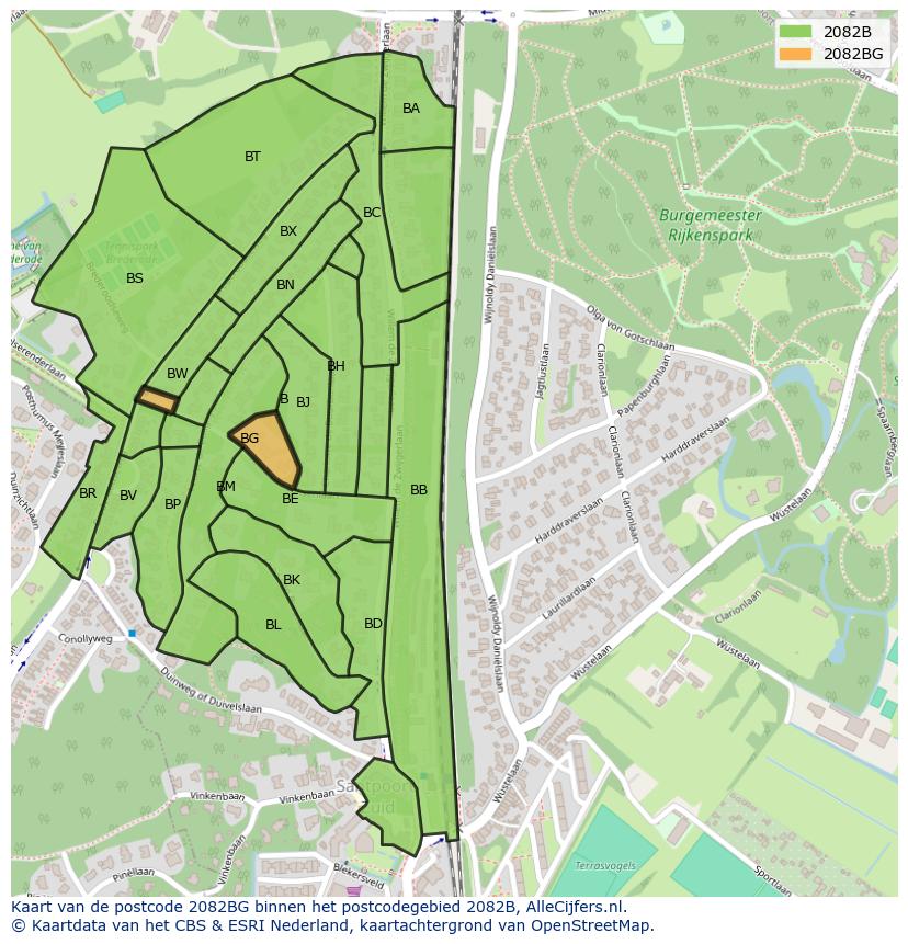 Afbeelding van het postcodegebied 2082 BG op de kaart.