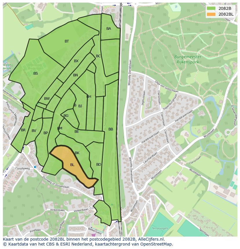 Afbeelding van het postcodegebied 2082 BL op de kaart.