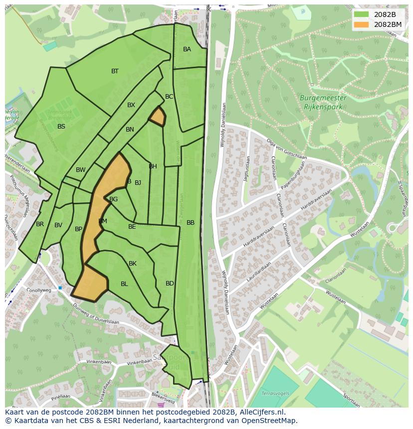 Afbeelding van het postcodegebied 2082 BM op de kaart.