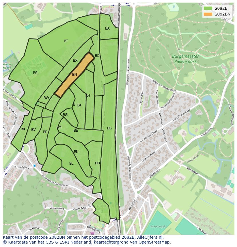 Afbeelding van het postcodegebied 2082 BN op de kaart.