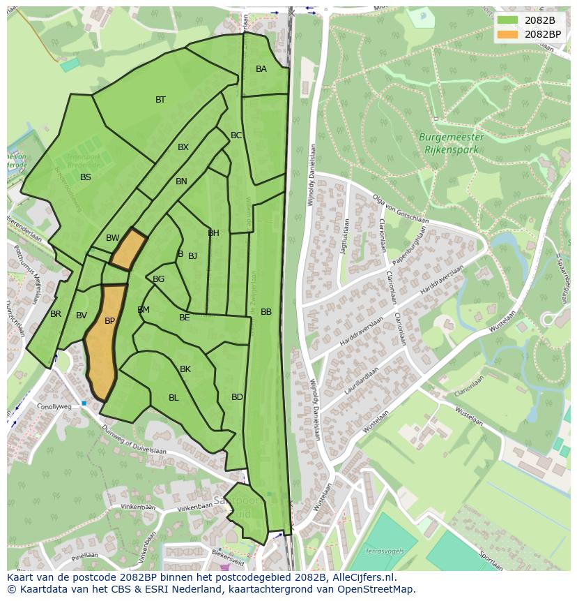 Afbeelding van het postcodegebied 2082 BP op de kaart.