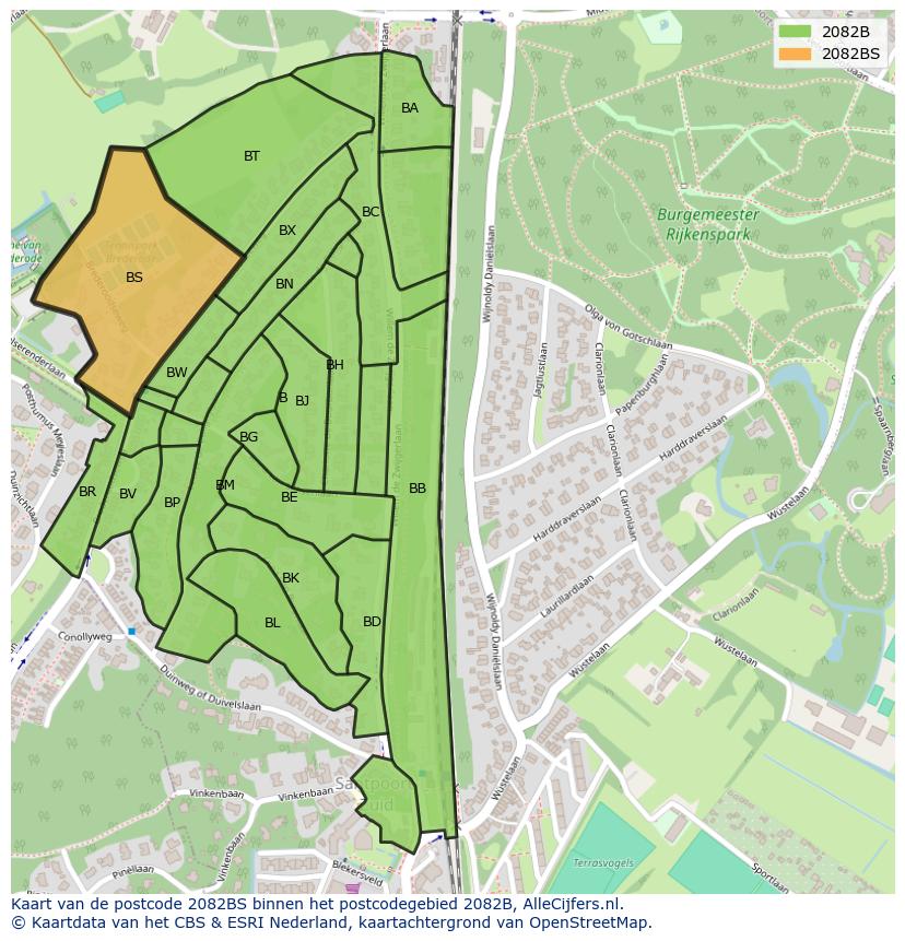 Afbeelding van het postcodegebied 2082 BS op de kaart.