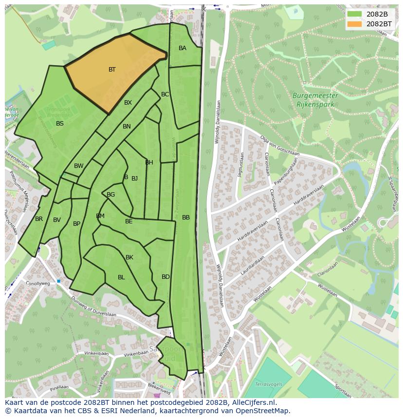 Afbeelding van het postcodegebied 2082 BT op de kaart.