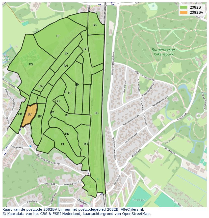 Afbeelding van het postcodegebied 2082 BV op de kaart.