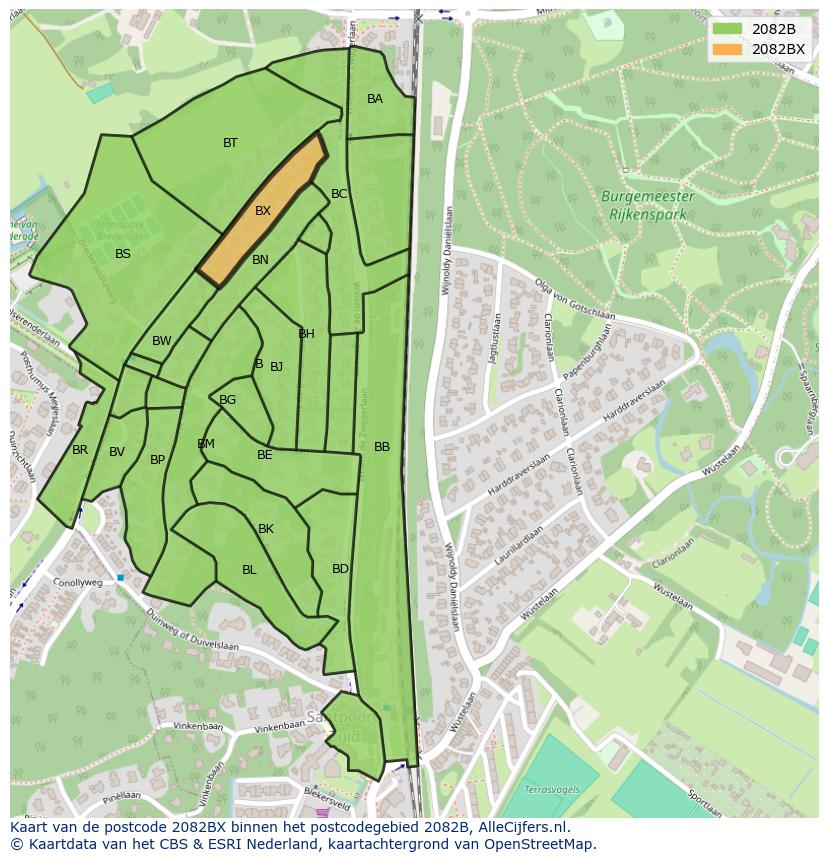 Afbeelding van het postcodegebied 2082 BX op de kaart.