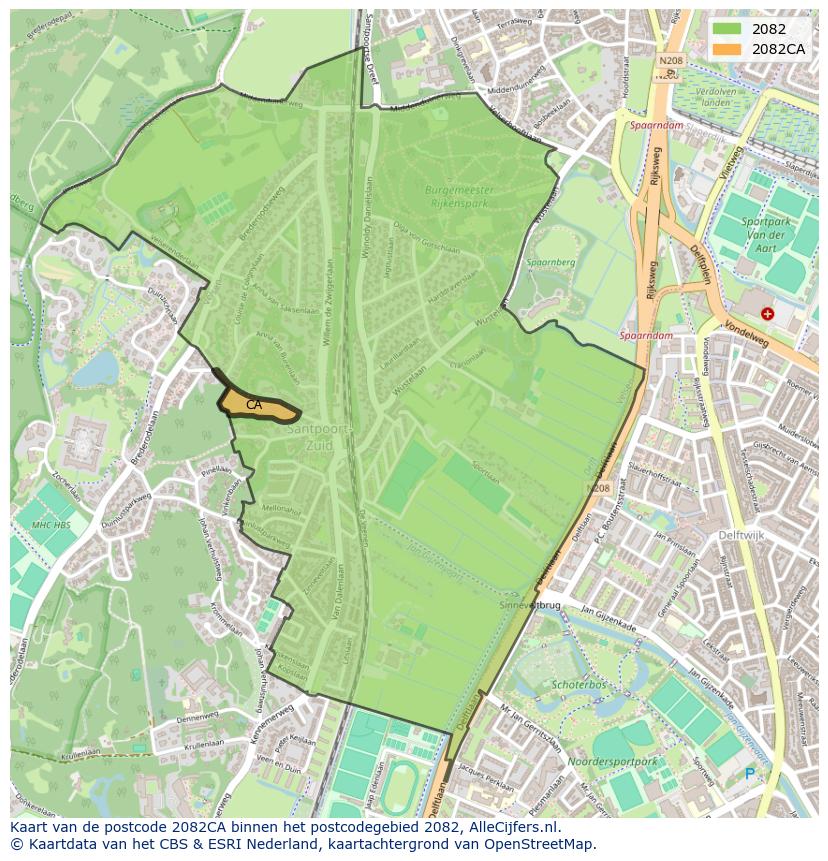 Afbeelding van het postcodegebied 2082 CA op de kaart.