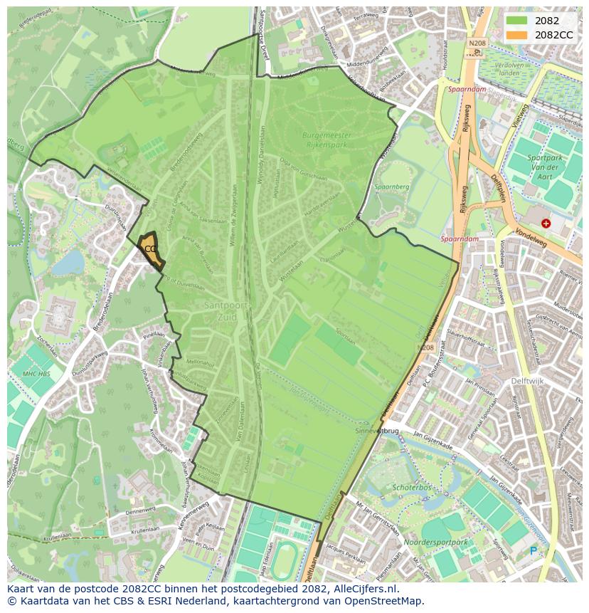 Afbeelding van het postcodegebied 2082 CC op de kaart.