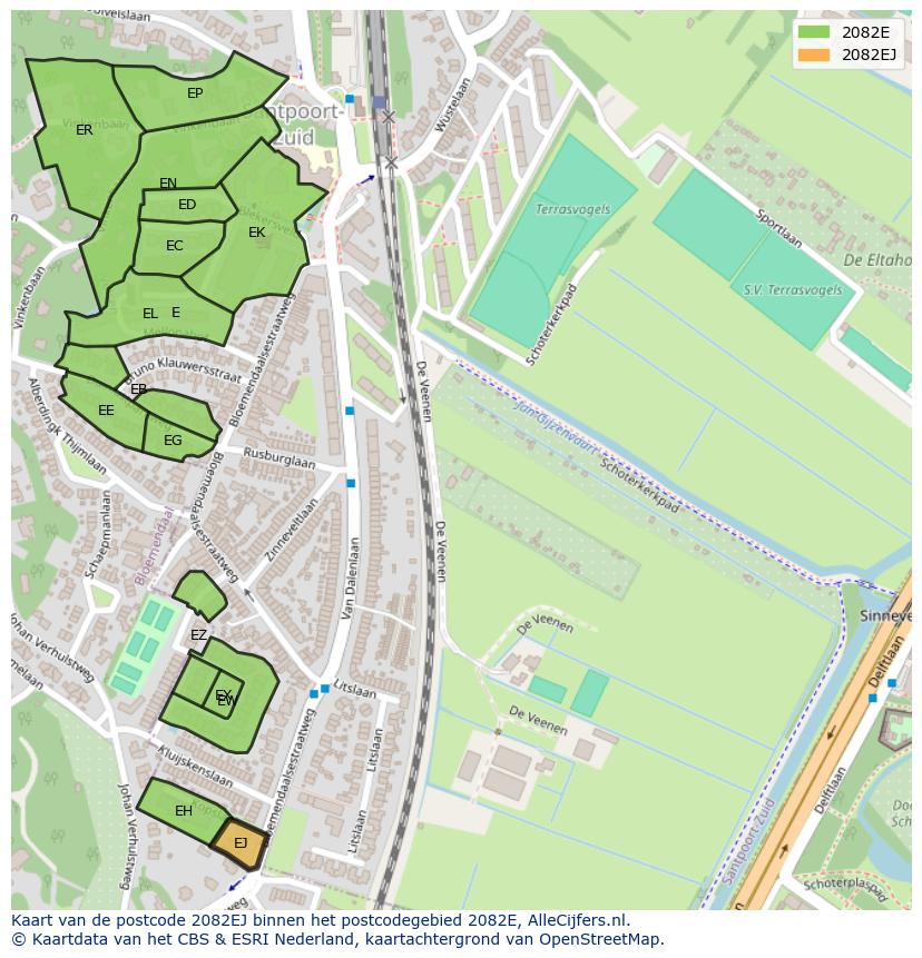 Afbeelding van het postcodegebied 2082 EJ op de kaart.
