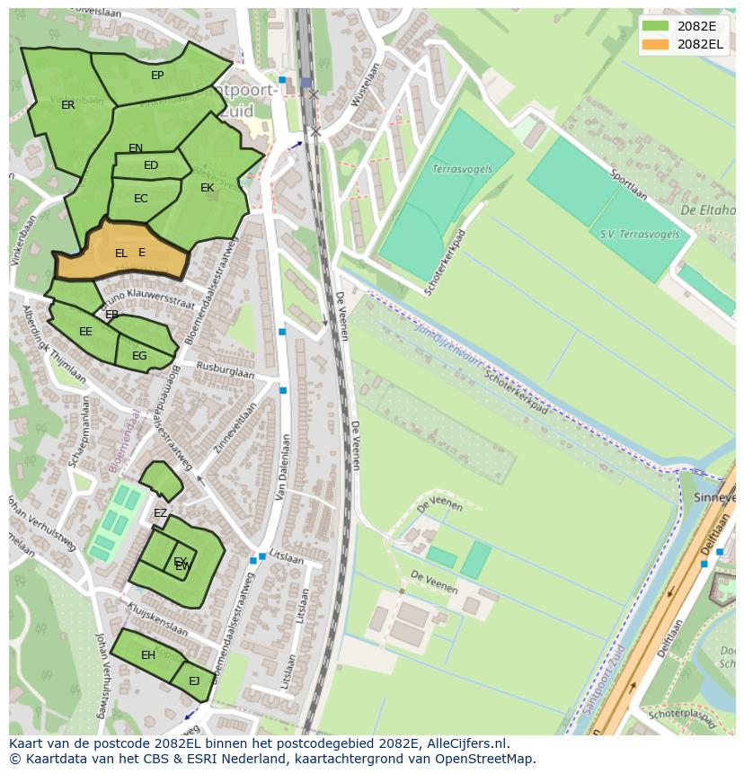 Afbeelding van het postcodegebied 2082 EL op de kaart.