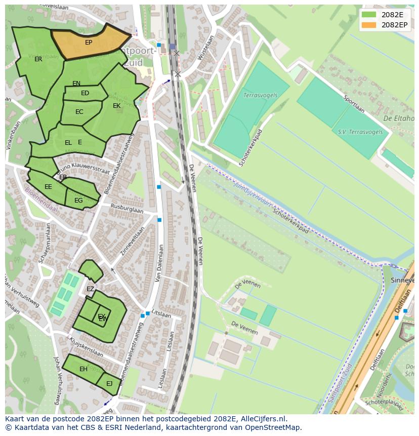Afbeelding van het postcodegebied 2082 EP op de kaart.