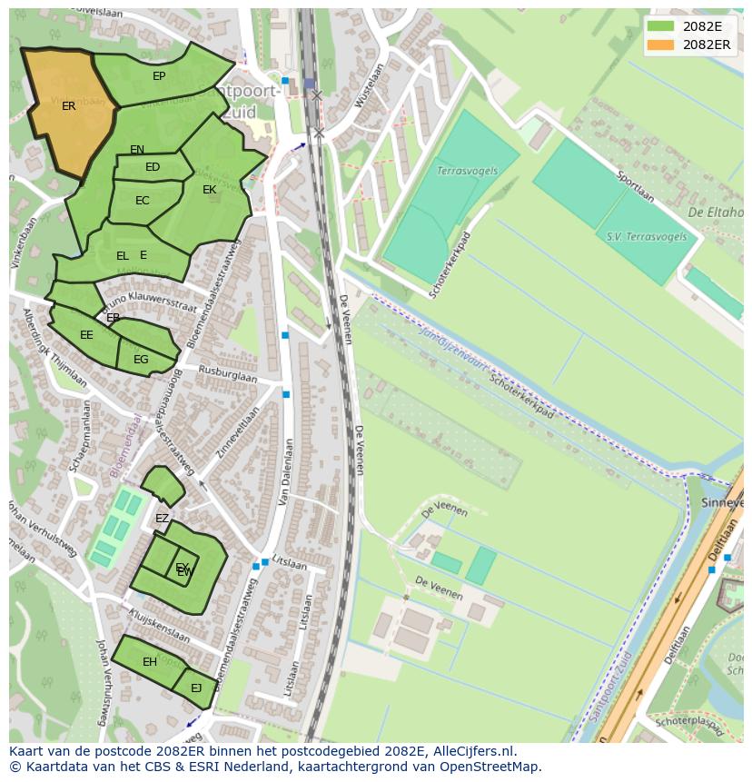 Afbeelding van het postcodegebied 2082 ER op de kaart.