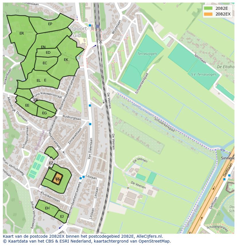 Afbeelding van het postcodegebied 2082 EX op de kaart.
