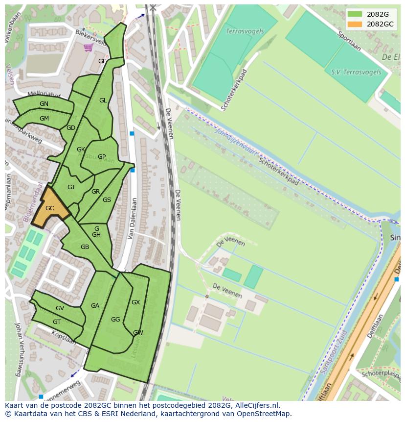 Afbeelding van het postcodegebied 2082 GC op de kaart.