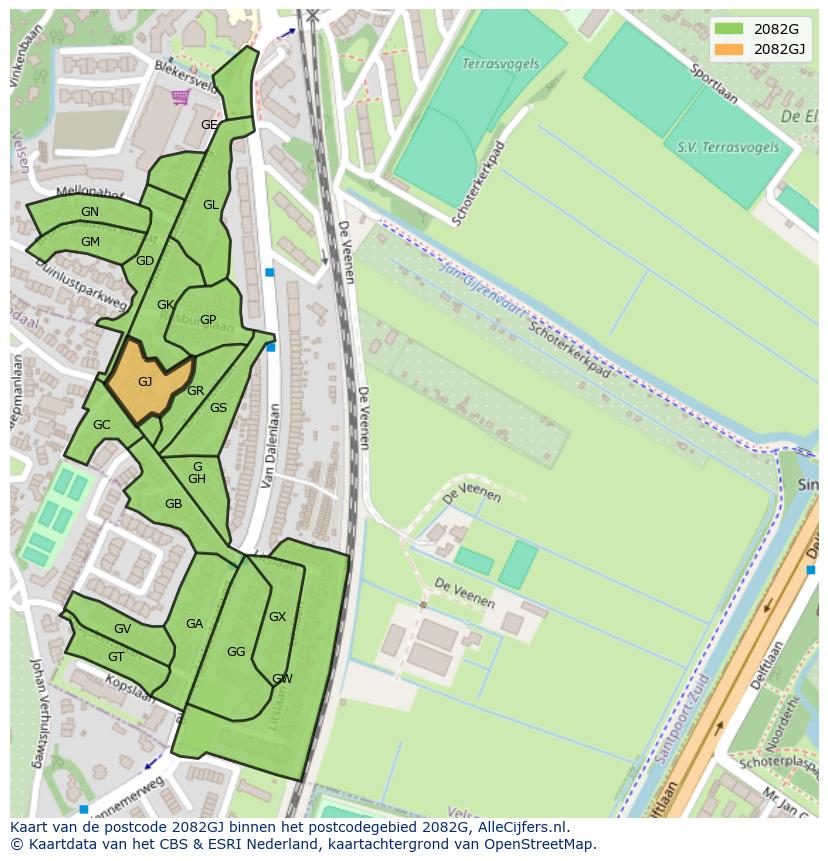 Afbeelding van het postcodegebied 2082 GJ op de kaart.