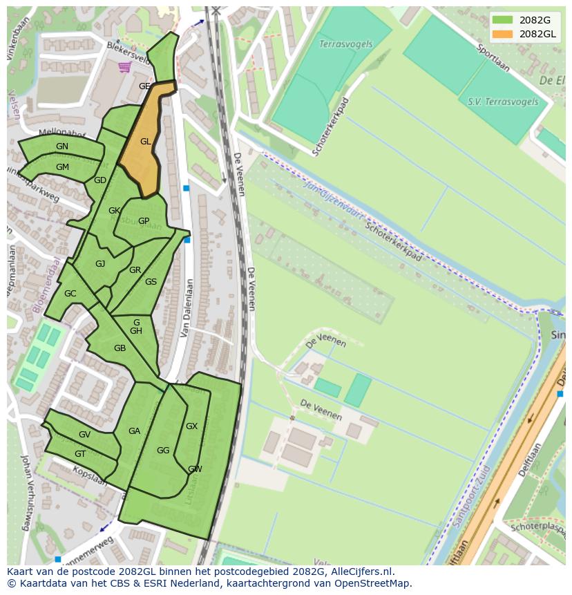 Afbeelding van het postcodegebied 2082 GL op de kaart.