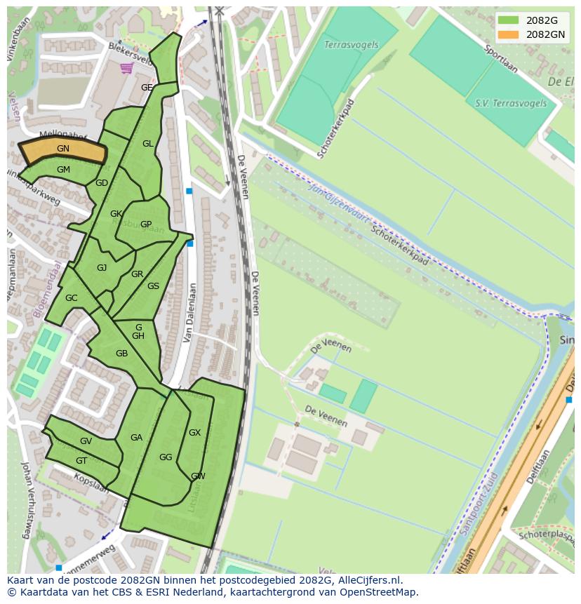Afbeelding van het postcodegebied 2082 GN op de kaart.