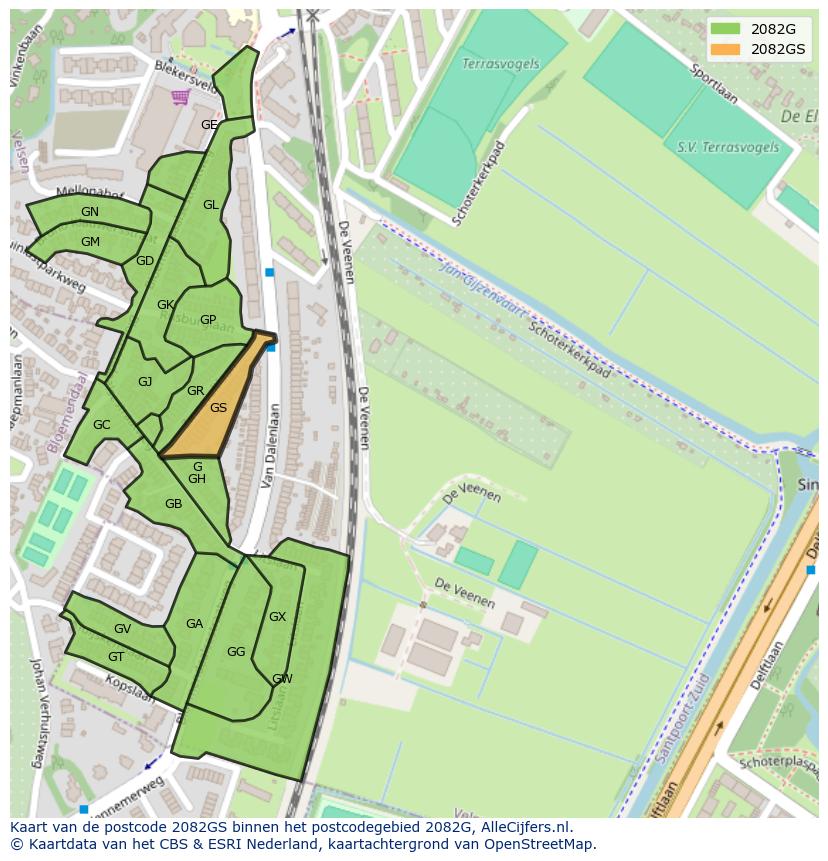 Afbeelding van het postcodegebied 2082 GS op de kaart.