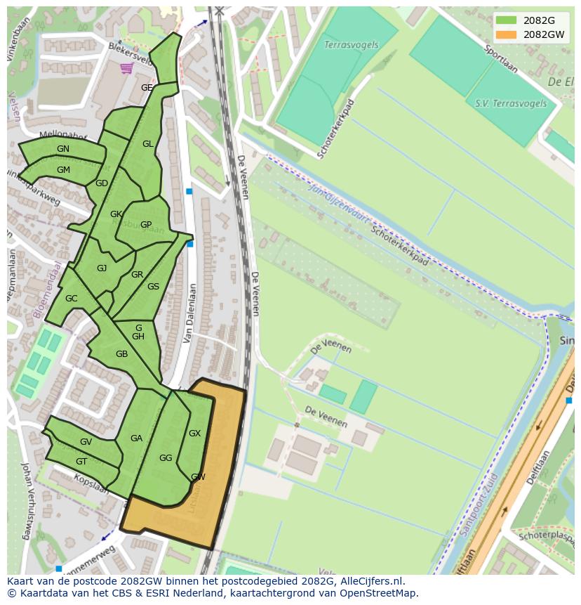Afbeelding van het postcodegebied 2082 GW op de kaart.