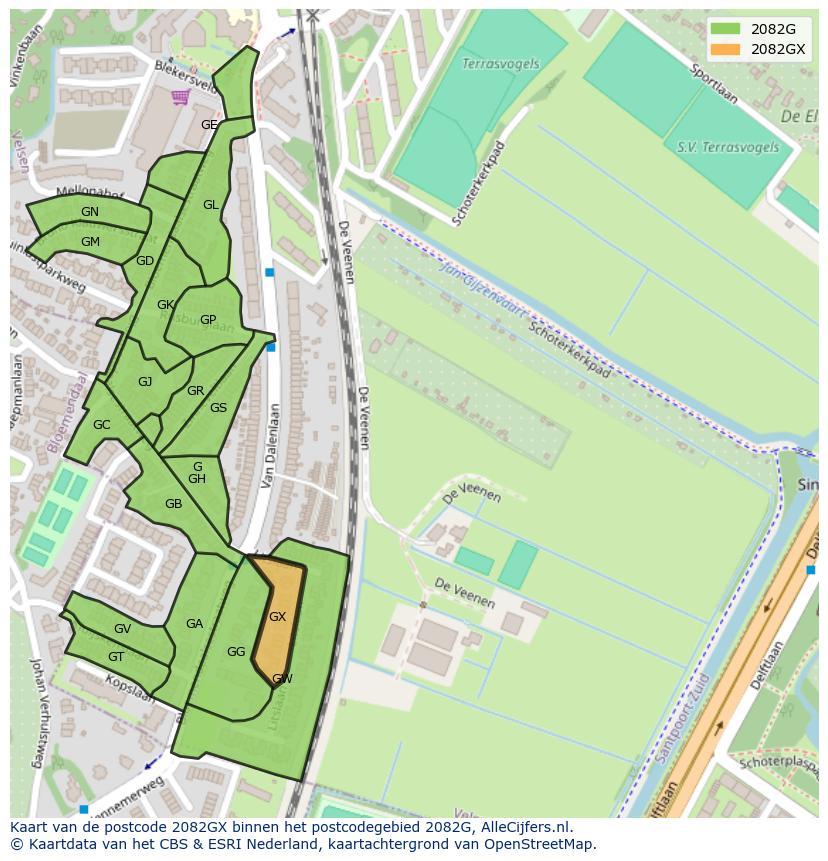 Afbeelding van het postcodegebied 2082 GX op de kaart.