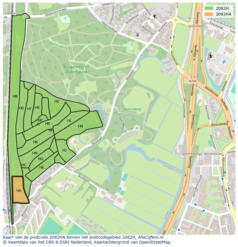 Afbeelding van het postcodegebied 2082 HA op de kaart.