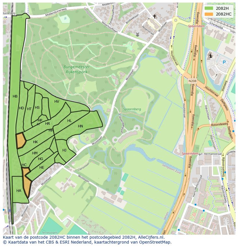 Afbeelding van het postcodegebied 2082 HC op de kaart.